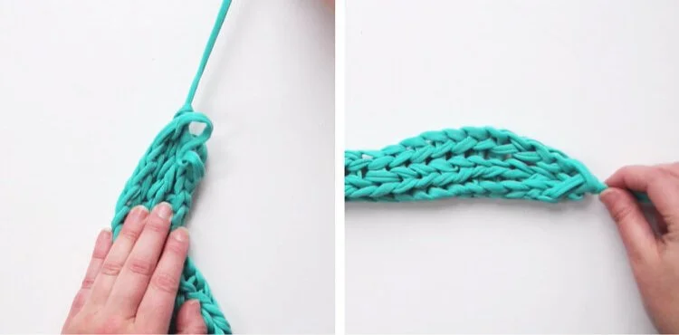 Hands pulling finished finger knitting strip into tube shape.