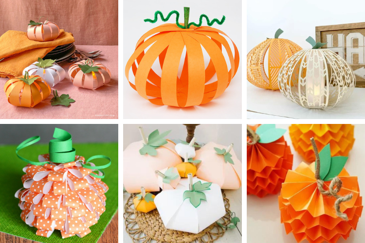 Collage of 6 paper pumpkin DIYs.