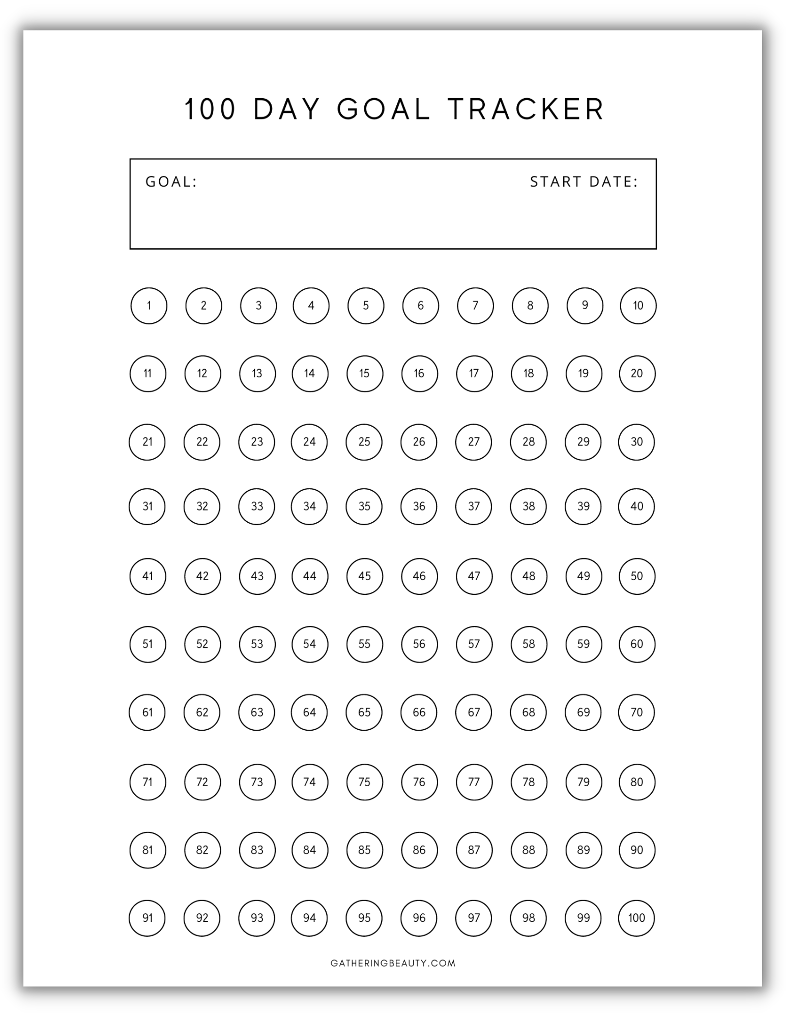 Free Printable 100 Day Goal Tracker Gathering Beauty