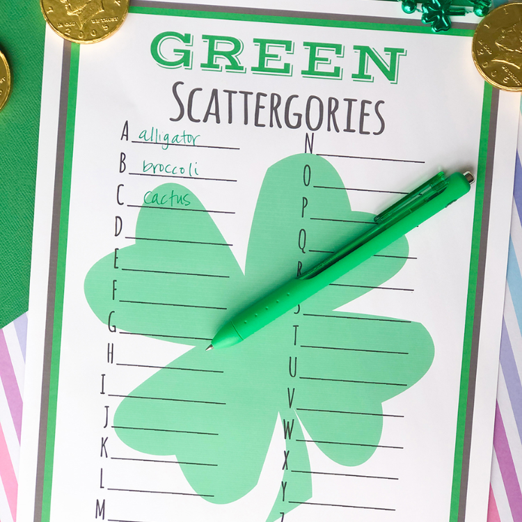 St Patricks day scattergories printable page with pen resting on top of the page.
