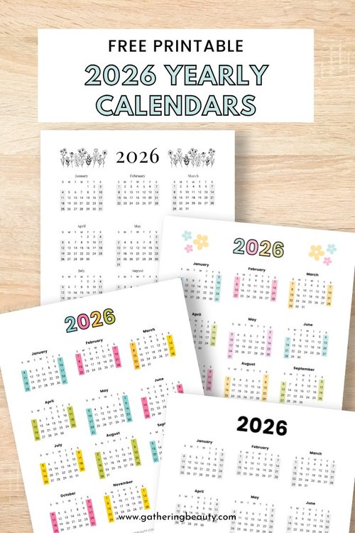 Free Printable 2026 Year at a Glance Calendar — Gathering Beauty