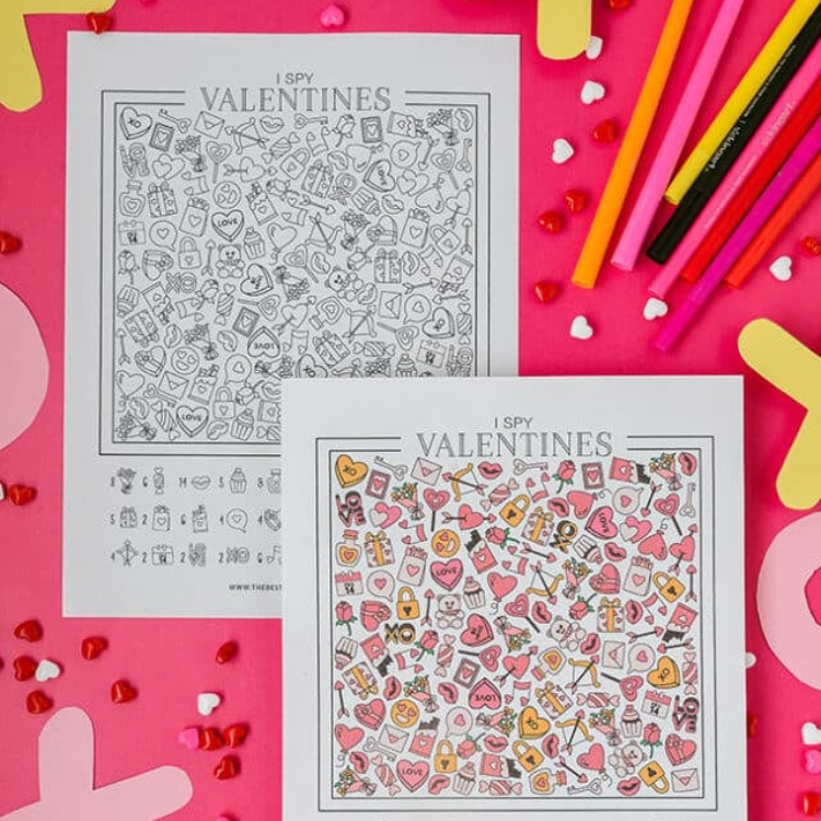 I spy Valentines colouring page.