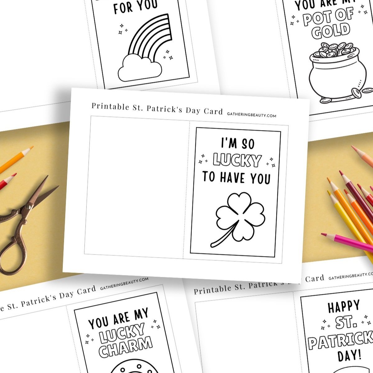 Five saint patrick's day colouring cards on yellow background.