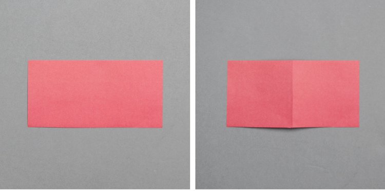 Red rectangular piece of paper folding half.