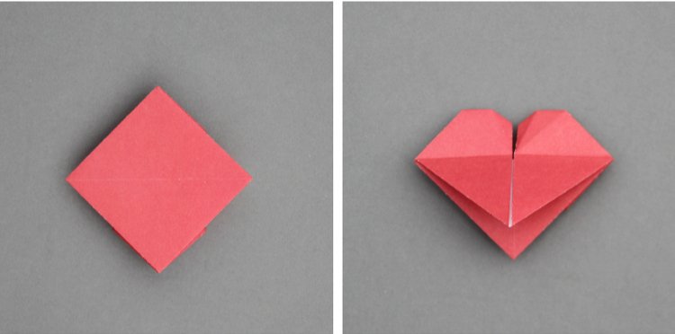 Red paper folded into diamond and then heart shape.