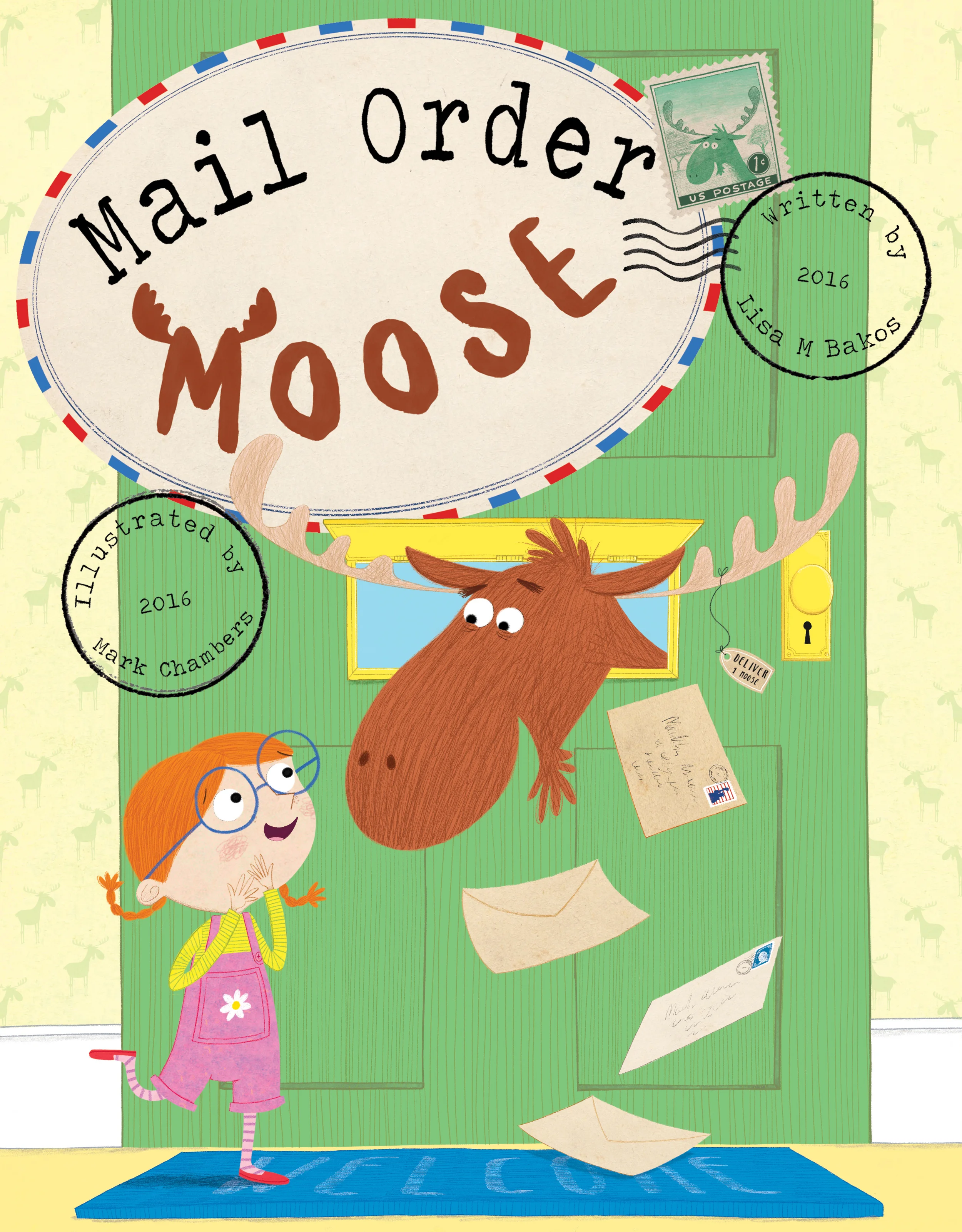 I also went to colour on one other idea I had, to see what it would look like and to give the publisher a choice just in case. While this looked alright it was felt that we needed to see the whole moose and not just his head stuck through a letterbox. The type that I created was working well though so we used this in the subsequent rounds of cover designs as well as the stamp concept.