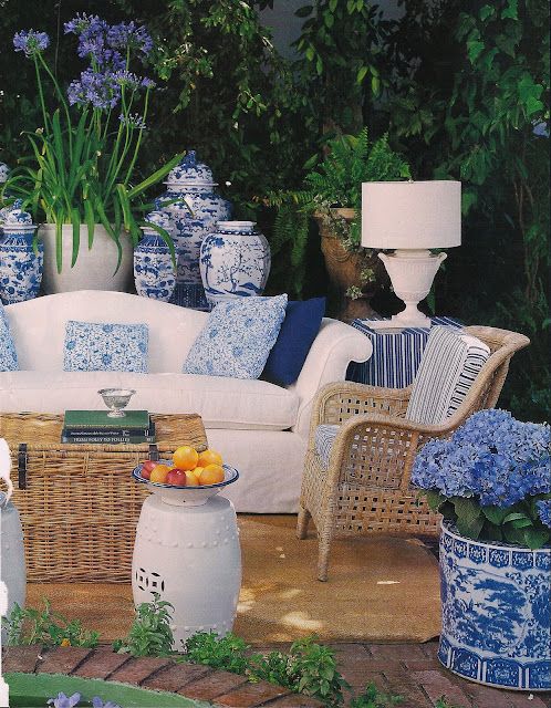 Blue and white pair up perfectly on the porch or in the garden. Image via My Pink Sketchbook.
