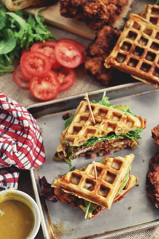 Bon Appetit has a chicken waffle sandwich. Perfected. I've always been intrigued by this Southern bite. Chicken, waffles, bacon, cheese and green onions. Sounds like a winner to me!