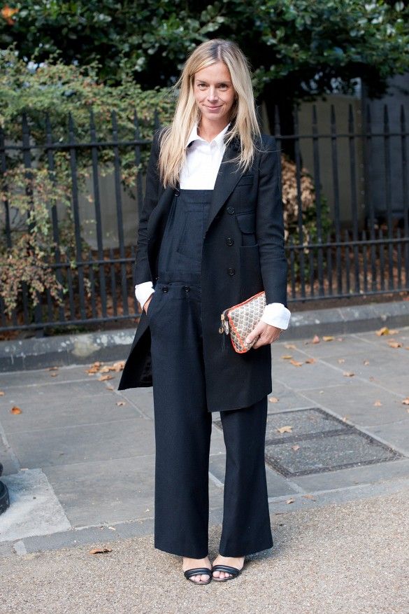 I may go so far as to say these overalls paired with black sandals and a black trench are quite elegant. As seen in whowhatwear (How to wear black overalls.)