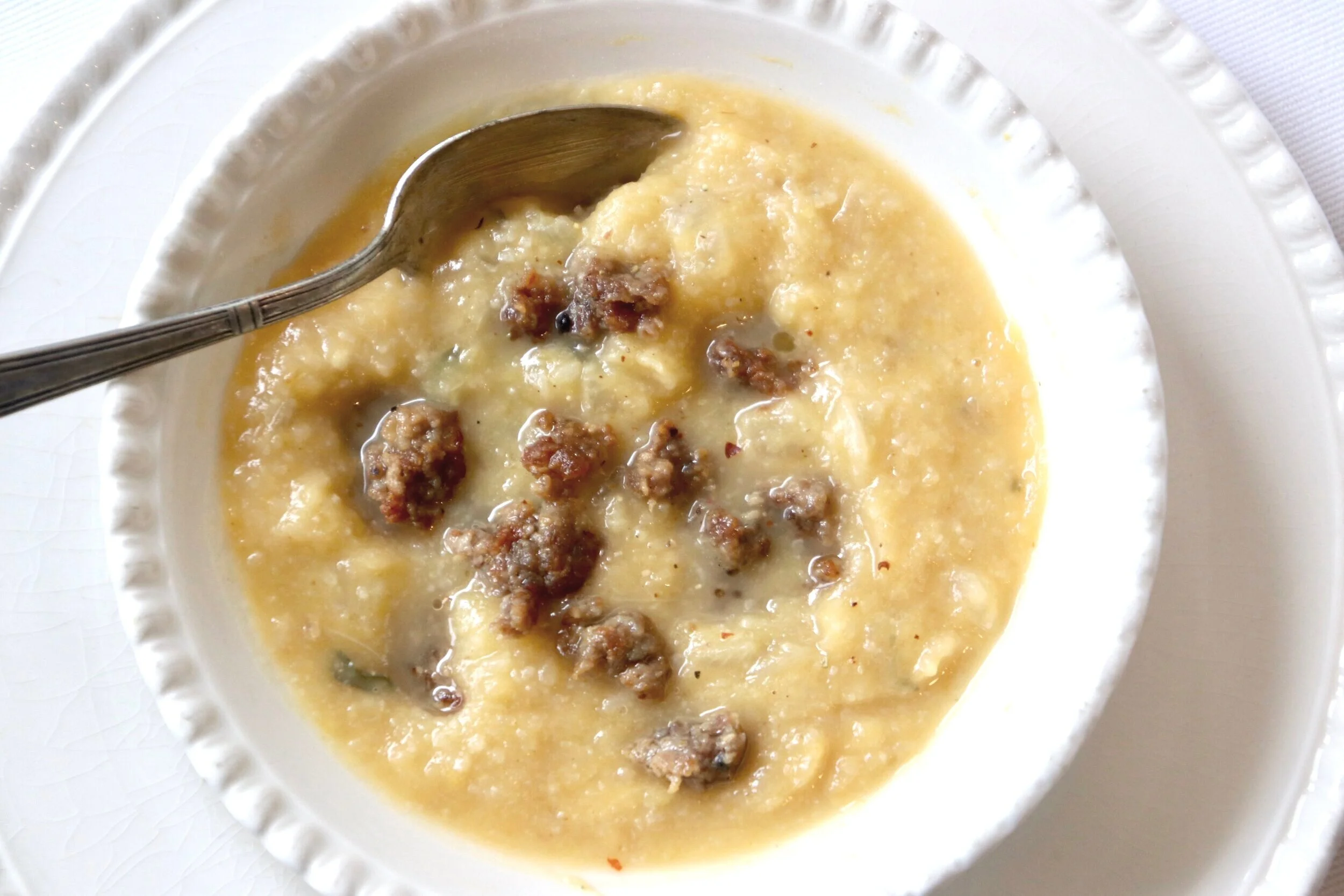 Creamy Cauliflower & Butternut Squash Soup with crumbled sausage