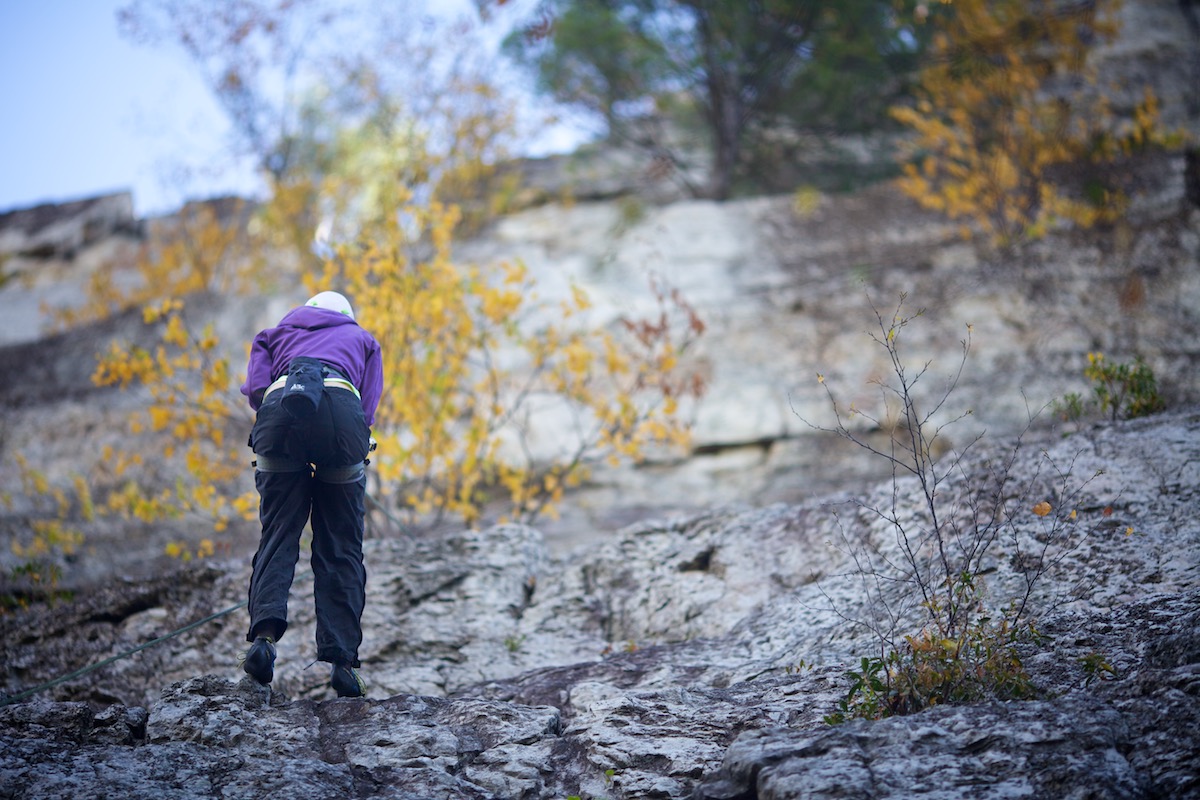 Repelling down single pitch face at Seneca Rocsk
