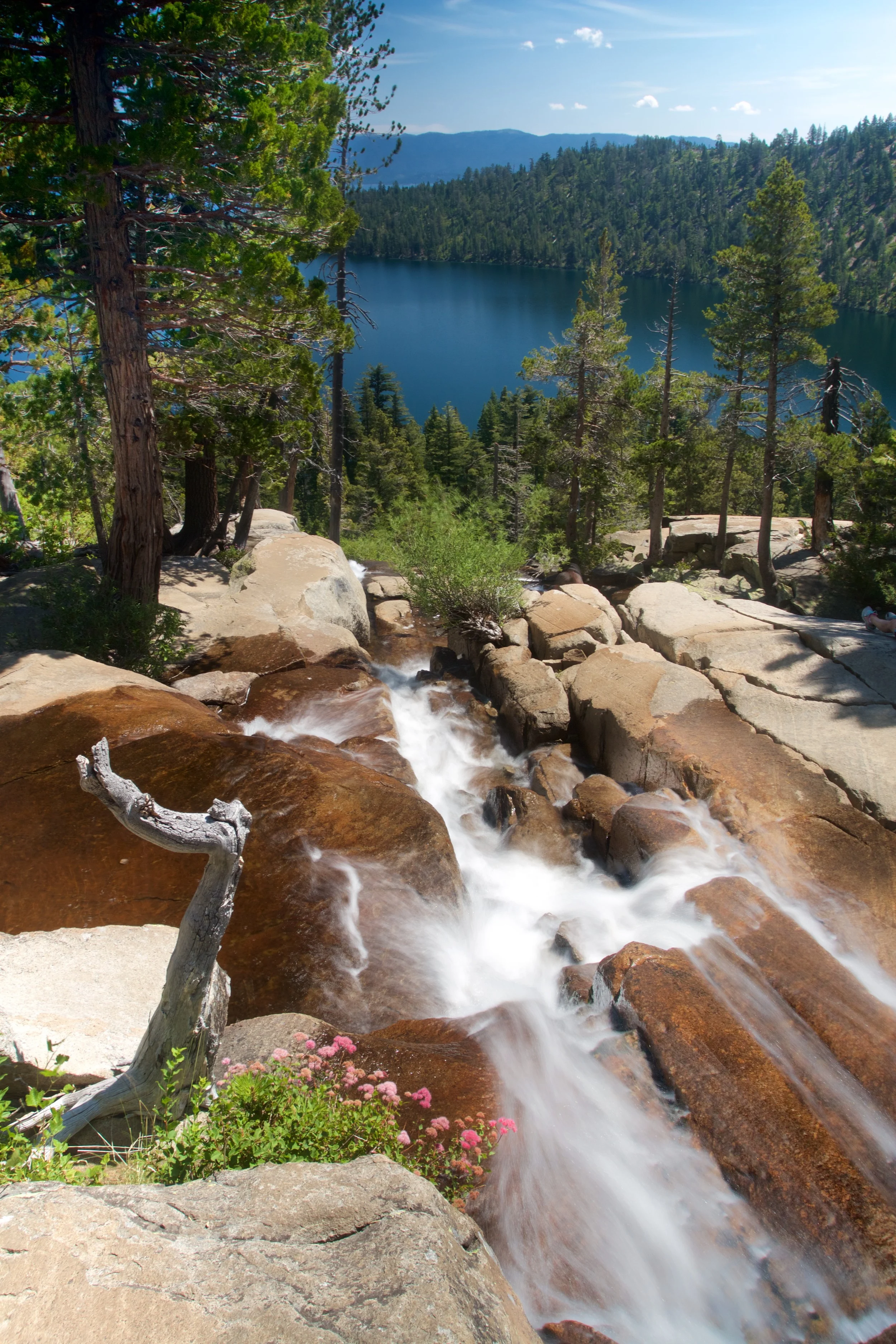 View from Cascade Falls over Cascade Lake and Lake Tahoe. A roughly 1/2 second exposure at f/11 with my Canon 7D, 17-40L, and Neewar Vari-ND filter.