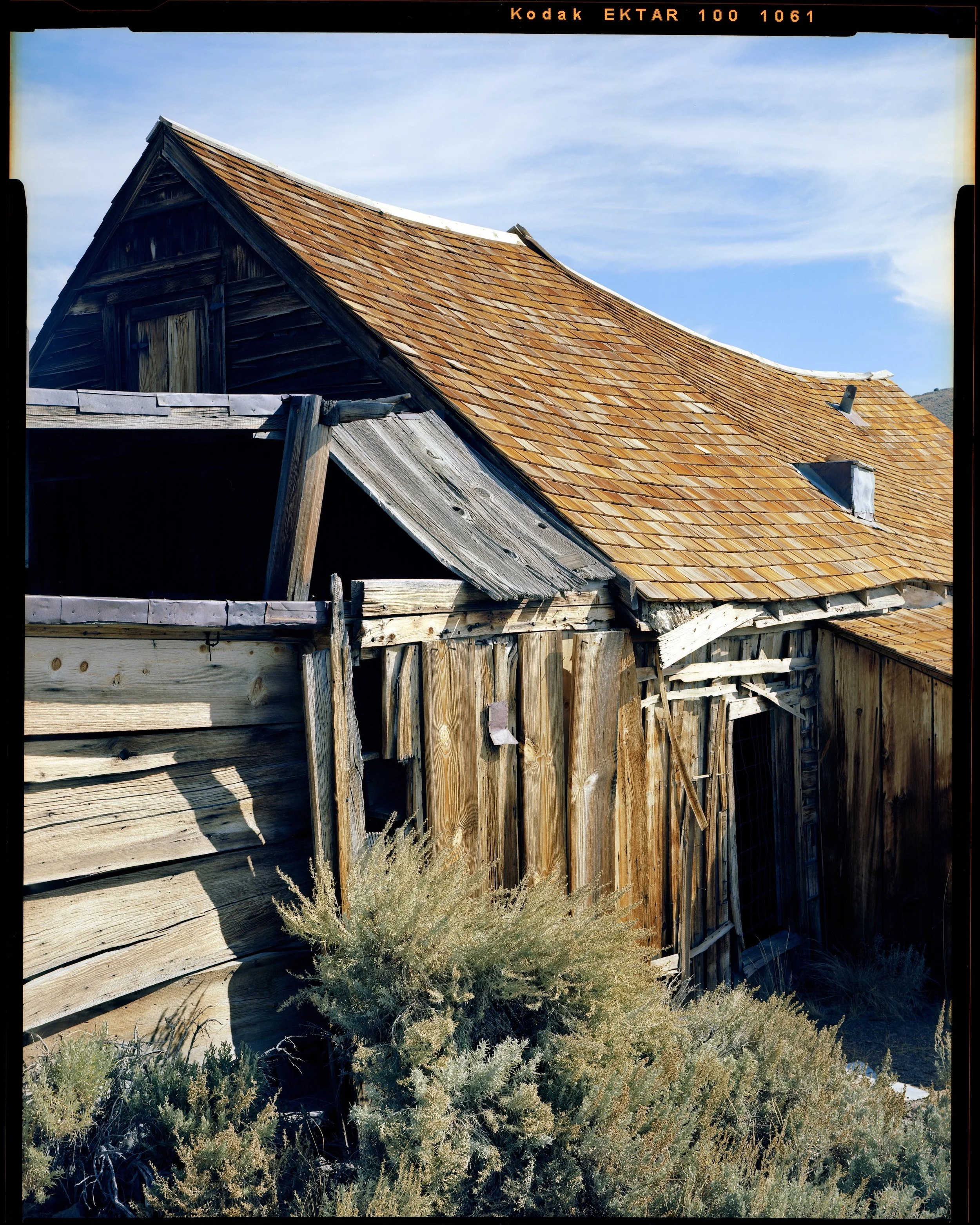 Golden Roof at Bodie, 2017. Nagaoka 4x5 + Fujinon 125mm f/5.6 W. Tack sharp image with near boundless resolution. This was a favorite shot from this trip to the Eastern Sierras and one of five sheets of Ektar 100 I exposed.