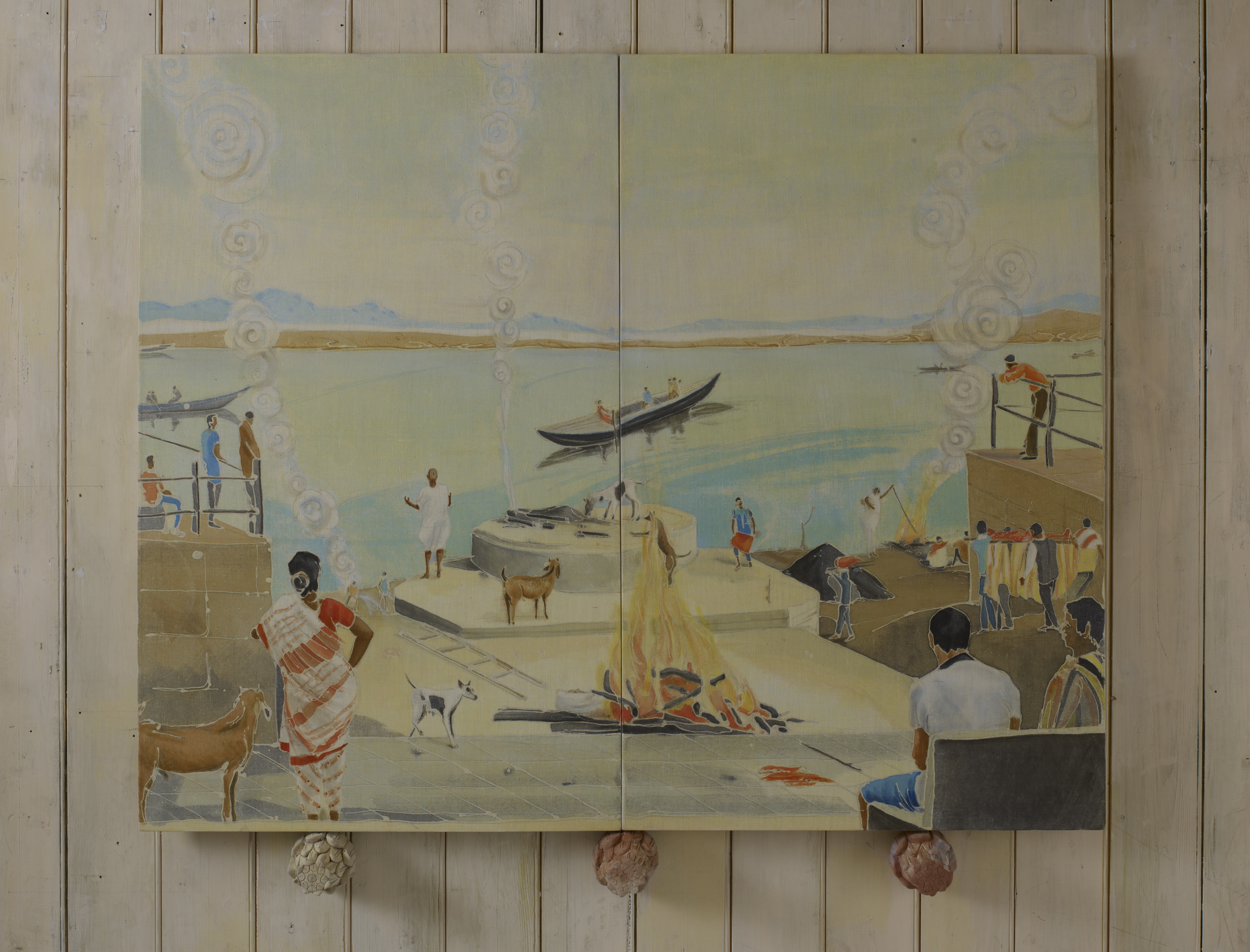 Dusk at Harishchandra Ghat 2013 wax-resist acrylic ink and oil paint on linen, terracotta 56 x 63 x 8.5 inches