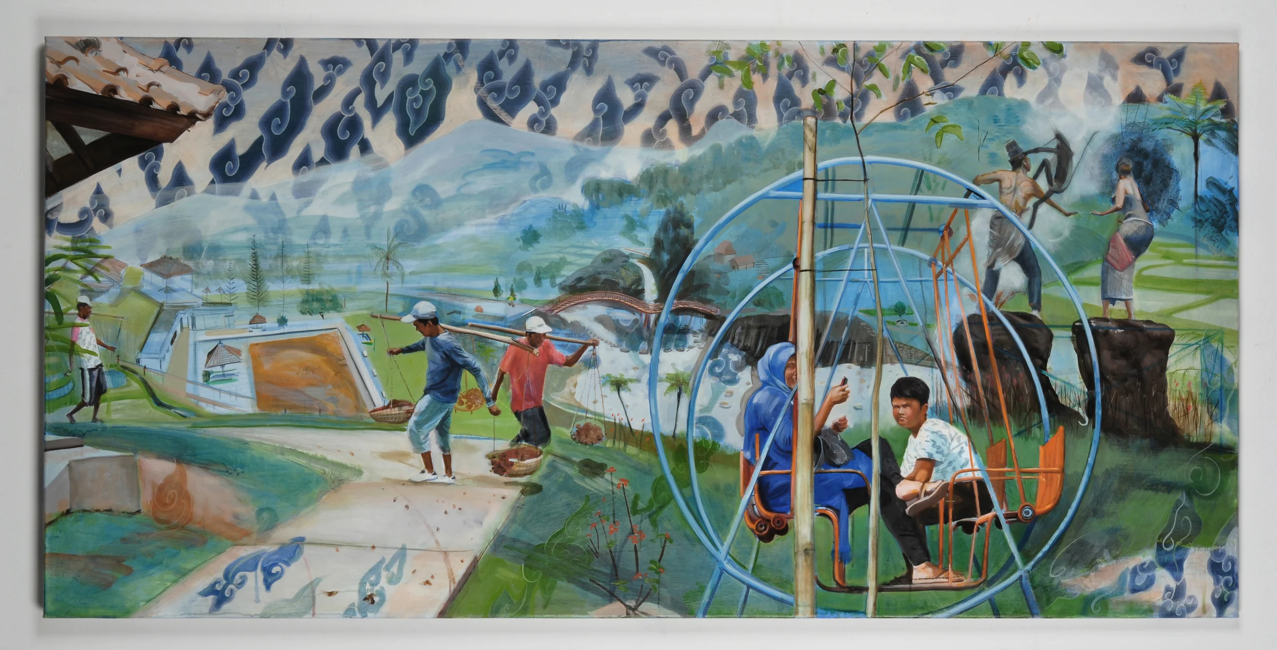 View at Baturaden 2011 acrylic paint and oil paint on batik cotton textile 36 x 75.5 inches
