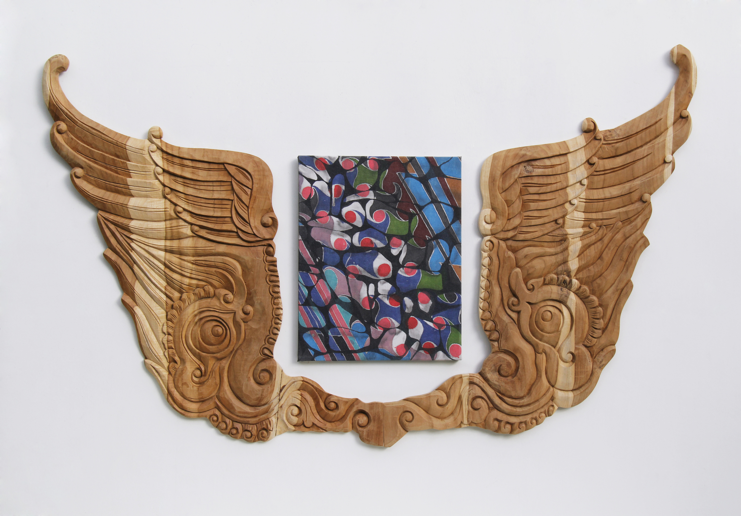 A Batik Revised 2014 wax-resist acrylic ink on linen, carved teak 40 x 60 x 2 inches