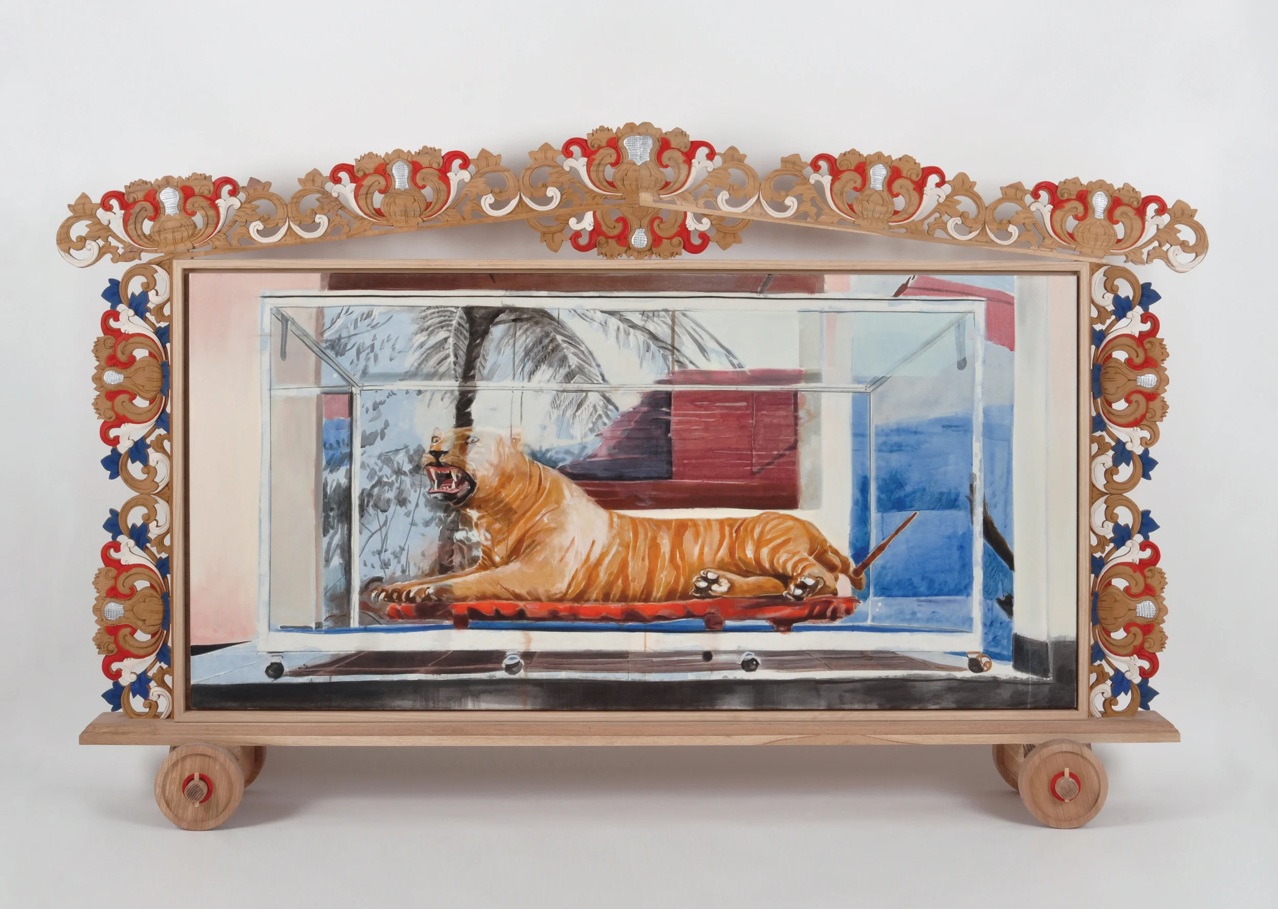 Room Screen for Jalan Sekolah: (Don't Want to End Up a Cartoon in a Cartoon Graveyard) recto 2012 wax-resist acrylic paint and oil paint on linen, polychrome carved teak 60 x 97 x 17 inches