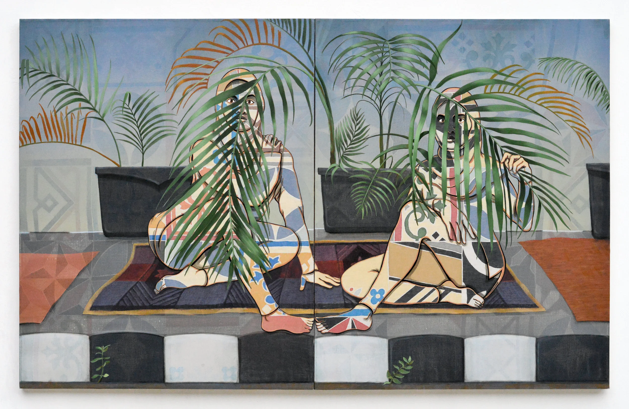 Palmette Pertama 2017 wax-resist acrylic ink, rabbit skin glue, and oil paint on linen 40 x 63 inches