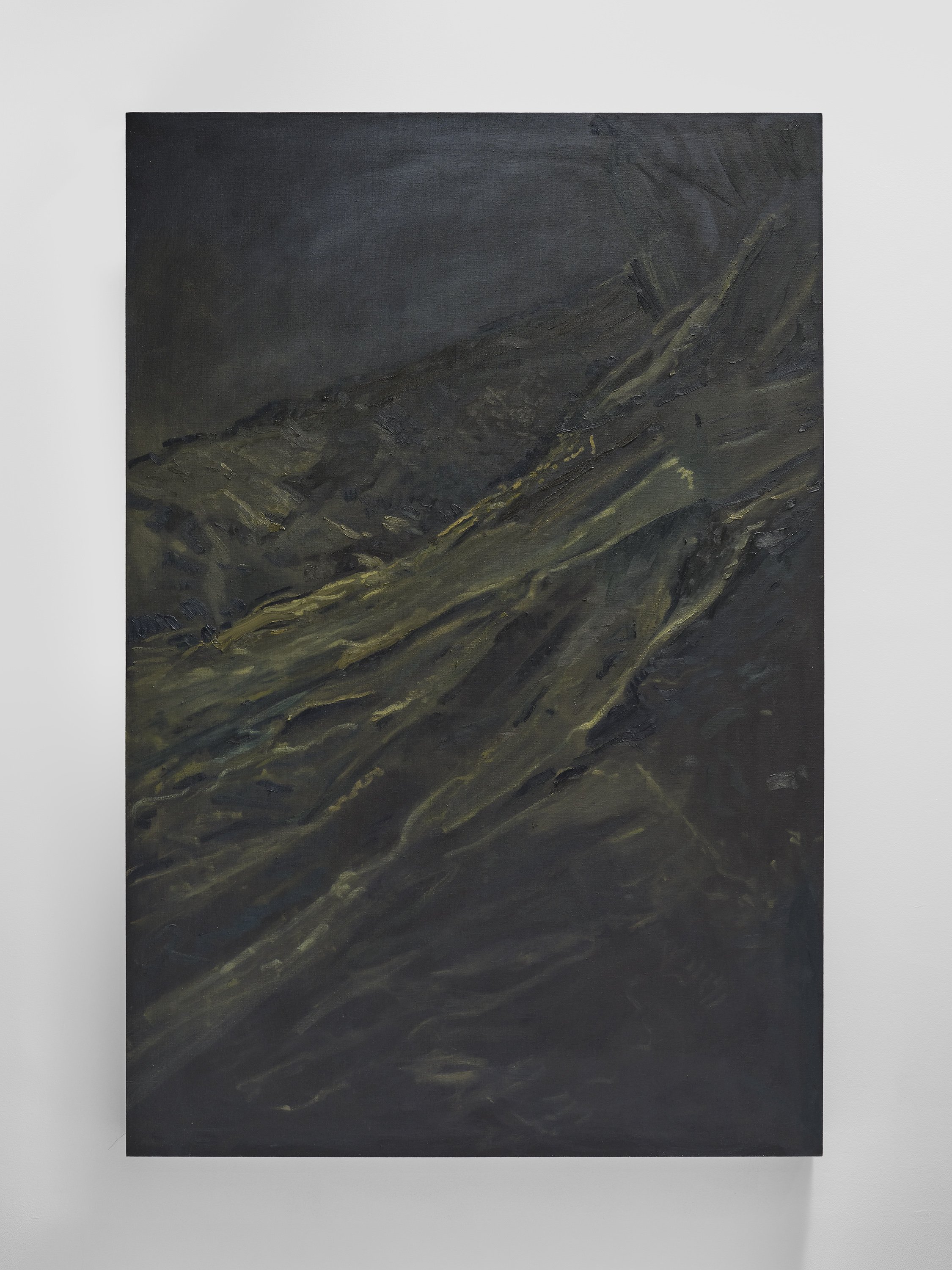 "Attenuation", 2026, Oil on linen with natural green earth pigments and Mars Yellow, 72” x 48” x 3”