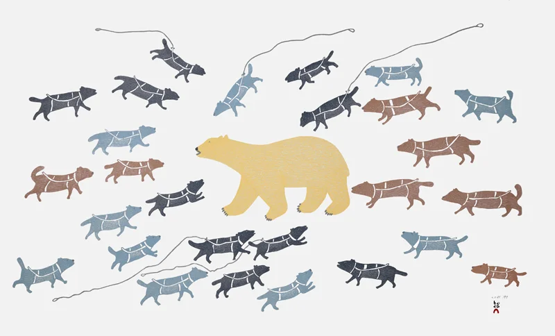 Papiara Tukiki POLAR BEAR IN CAMP Stonecut & Stencil 2015 62 x 99.5 cm $1400.00 CDN Released in the 2015 collection Dorset ID#: 15-13