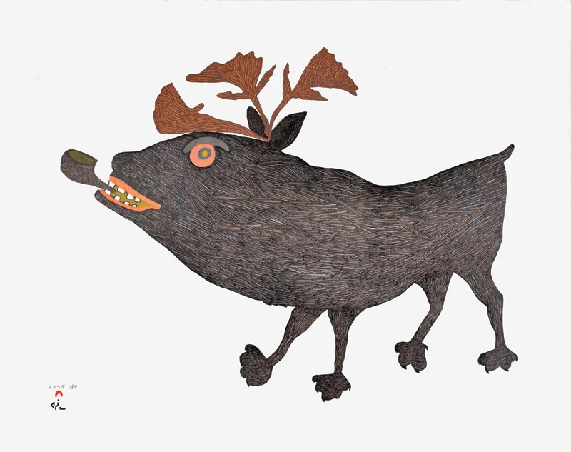 Papiara Tukiki SMOKING CARIBOU Stonecut & Stencil 2015 52 x 66 cm $800.00 CDN Released in the 2015 collection Dorset ID#: 15-in01