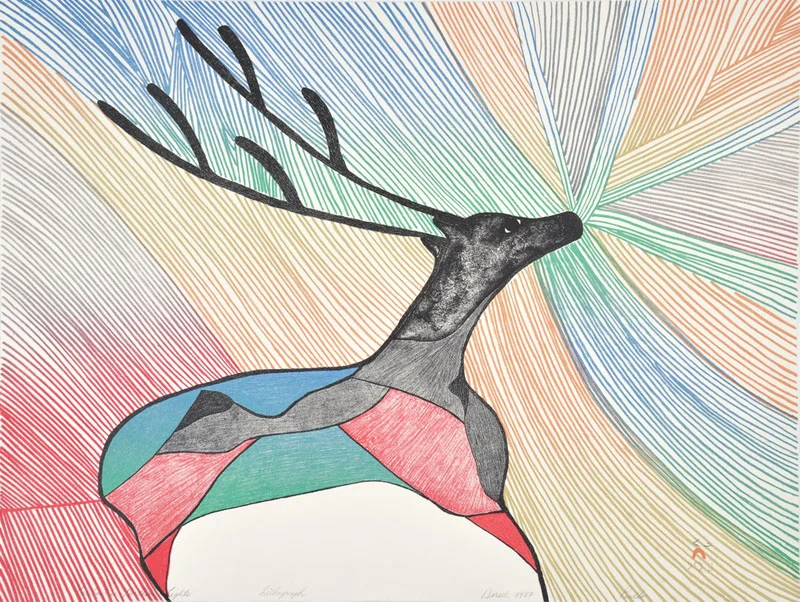 Pudlo Pudlat CARIBOU IN NORTHERN LIGHTS Lithograph 1987 50.3 x 65.5 cm $1000.00 CDN Released in the 2016 Spring collection Dorset ID#: 16S-01