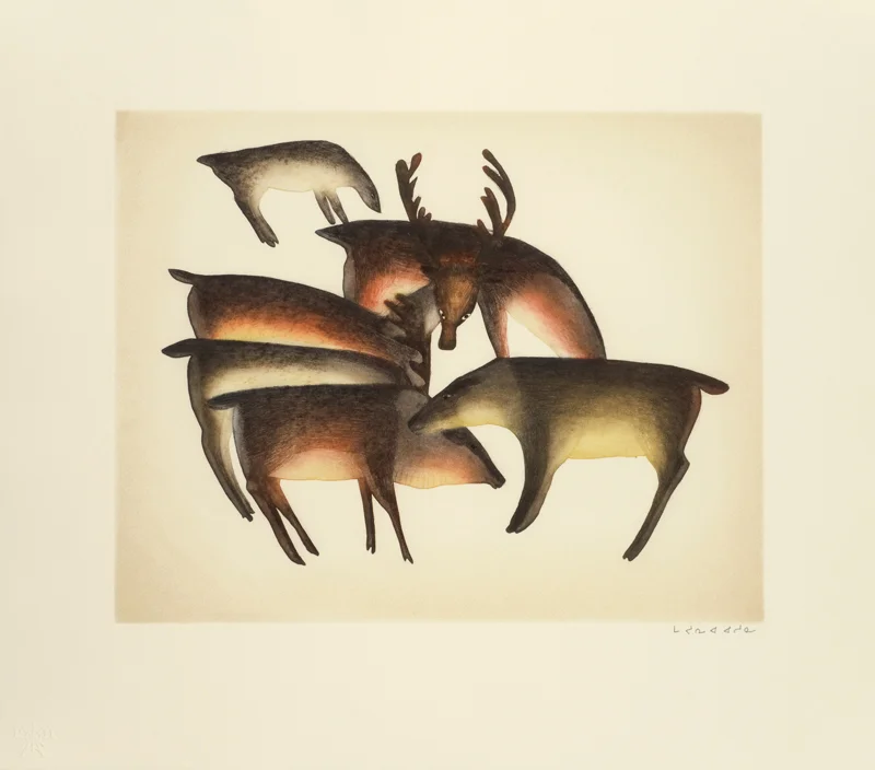 Mayoreak Ashoona CARIBOU GATHER Etching & Aquatint 2012 61 x 68.5 cm $600.00 CDN Released in the 2012 collection Dorset ID#: 12-10