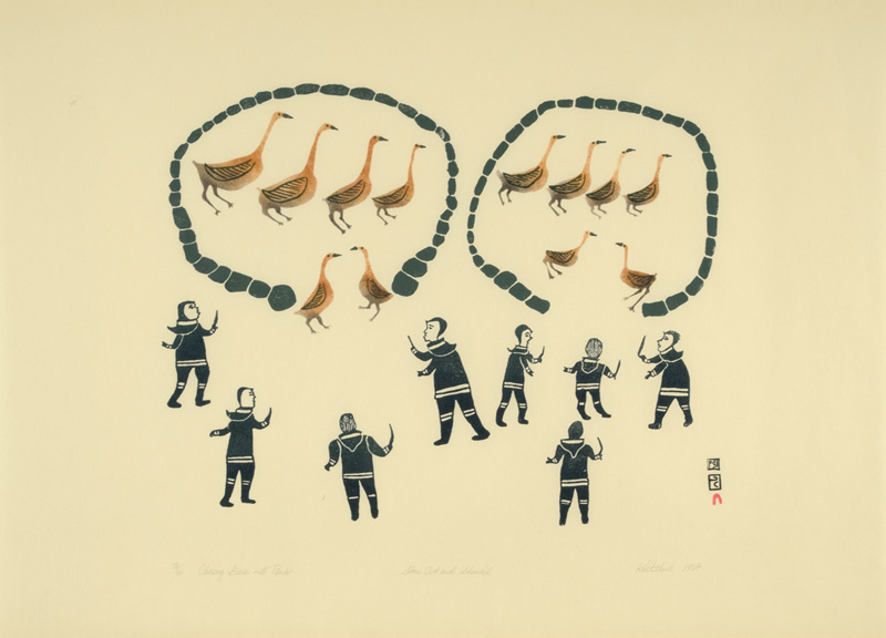 Kiakshuk CHASING GEESE INTO PENS Stonecut & Stencil 1964 62.5 x 86 cm $1200.00 CDN Released in the 2012 Spring collection Dorset ID#: 12S-04