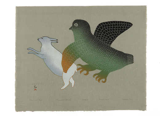 Mialia Jaw OWL AND HARE Stonecut & Stencil 2004 51 x 64 cm $500.00 CDN Released in the 2004 collection Dorset ID#: 04-22