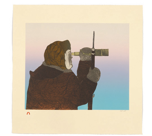 Pitaloosie Saila FOCUSED HUNTER Lithograph 2004 46 x 46 cm $500.00 CDN Released in the 2004 collection Dorset ID#: 04-31