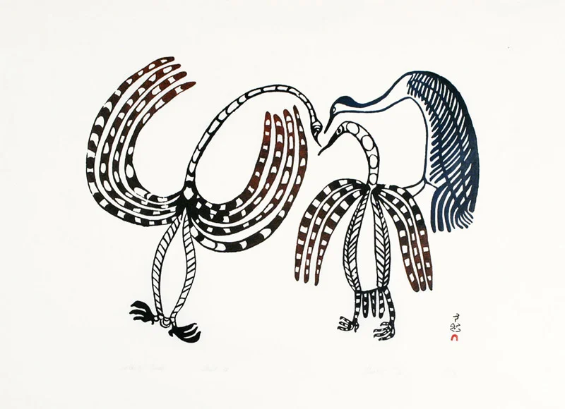 Lucy Qinnuayuak TALK OF BIRDS Stonecut 1967 62.5 x 86 cm $1000.00 CDN Released in the 2004 Spring collection Dorset ID#: 04S-05