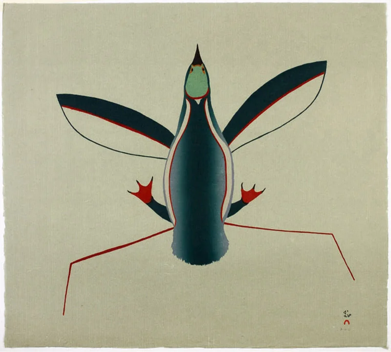Ohotaq Mikkigak HESITANT BIRD Stonecut & Stencil 2002 56 x 64 cm $400.00 CDN Released in the 2002 collection Dorset ID#: 02-26
