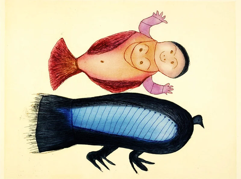 Sarni Pootoogook BLUE BIRD AND SEDNA Etching & Aquatint 2002 77.1 x 88.3 cm $600.00 CDN Released in the 2002 collection Dorset ID#: 02-30