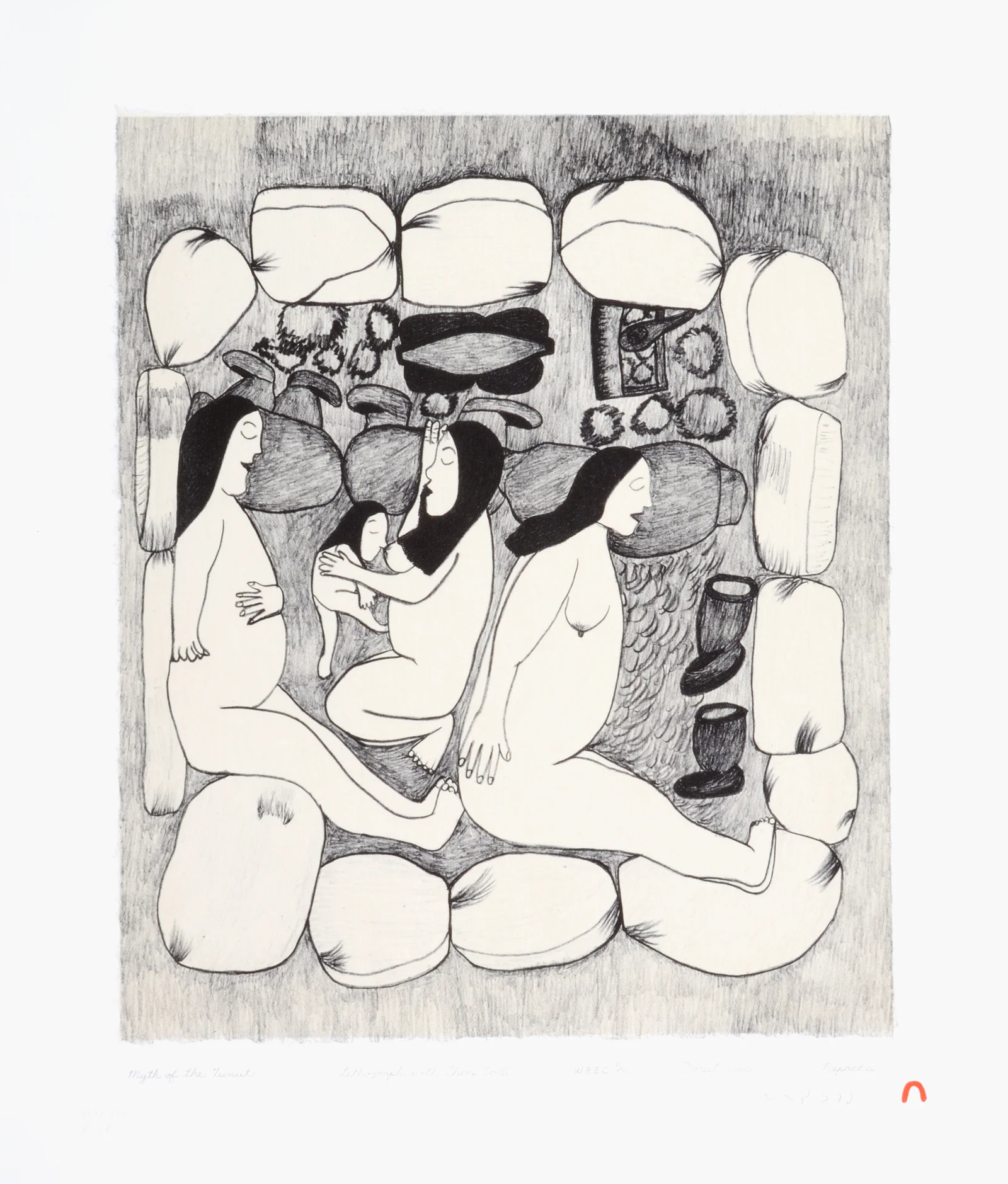 Napachie Pootoogook MYTH OF THE TUNIIT Lithograph & Chine Colle 2000 51 x 43.2 cm $450.00 CDN Released in the 2000 collection Dorset ID#: 00-22