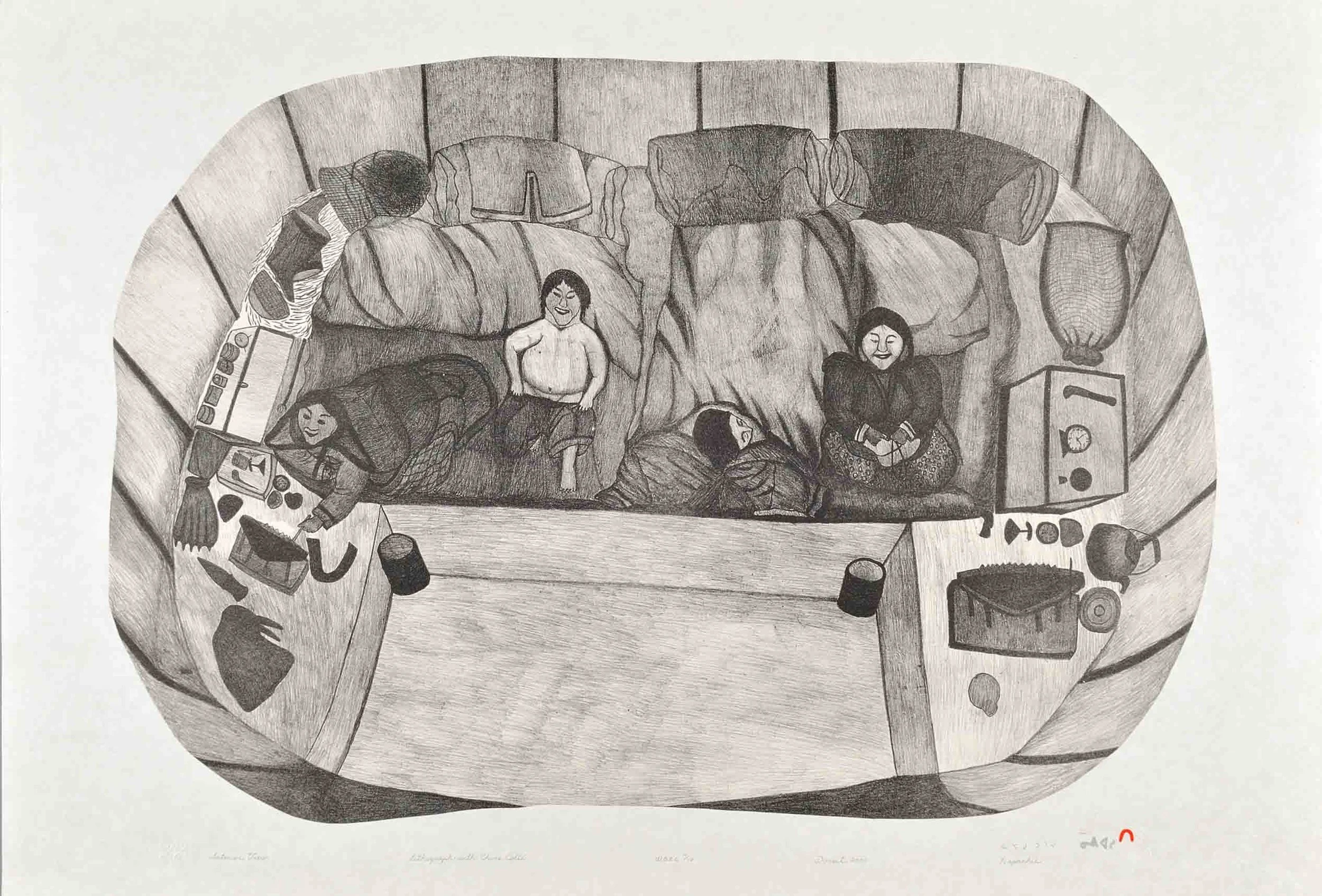 Napachie Pootoogook INTERIOR VIEW Lithograph & Chine Colle 2000 64.8 x 94.8 cm $600.00 CDN Released in the 2000 collection Dorset ID#: 00-21