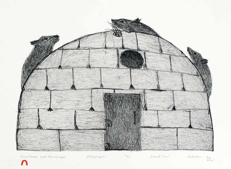 Kakulu Saggiaktok SNOWHOUSE AND LEMMINGS Lithograph 2000 28.5 x 38.2 cm $300.00 CDN Released in the 2000 Spring collection Dorset ID#: 2000-S02