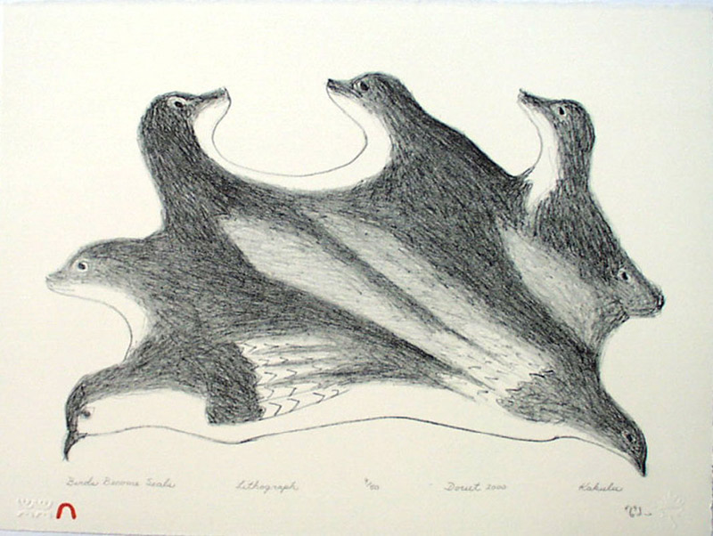 Kakulu Saggiaktok BIRDS BECOME SEALS Lithograph 2000 28.4 x 38 cm $300.00 CDN Released in the 2000 Spring collection Dorset ID#: 2000-S04