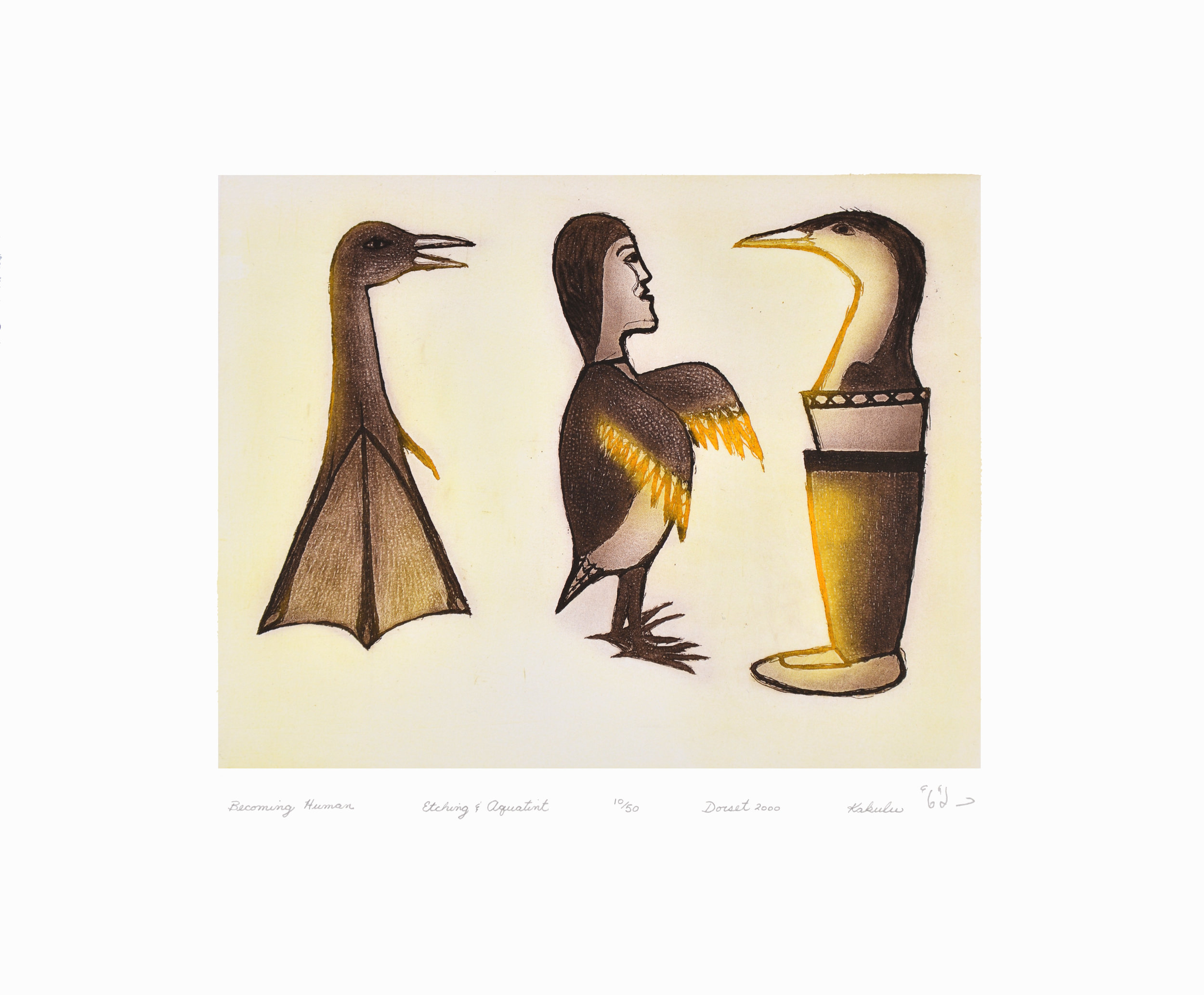 Kakulu Saggiaktok BECOMING HUMAN Etching & Aquatint 2000 40 x 48 cm $350.00 CDN Released in the 2000 Spring collection Dorset ID#: 2000-S06