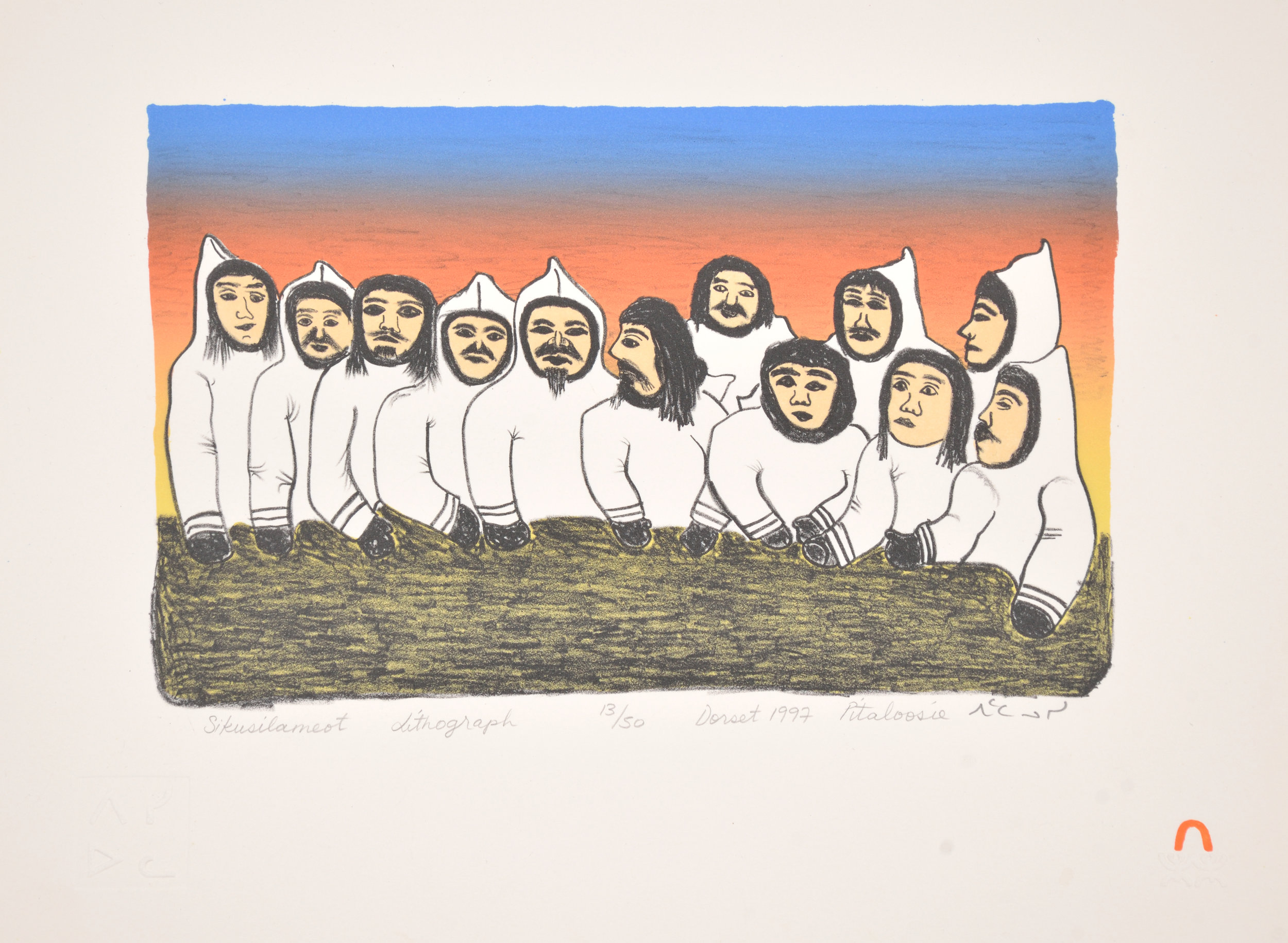 Pitaloosie Saila SIKUSILAMEOT (PEOPLE FROM SOUTH BAFFIN) Lithograph 1997 29 x 39 cm $300.00 CDN Released in the 1997 collection Dorset ID#: 97-20