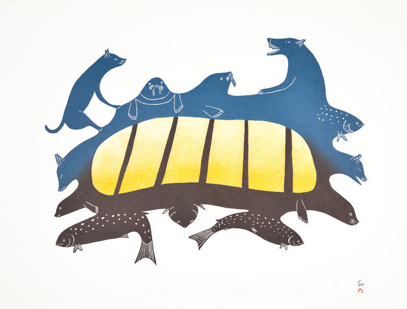 Kakulu Saggiaktok UMMAJIIT (ANIMALS OF ALL KINDS) Stonecut & Stencil 1995 62 x 81.2 cm $400.00 CDN Released in the 1995 collection Dorset ID#: 95-02