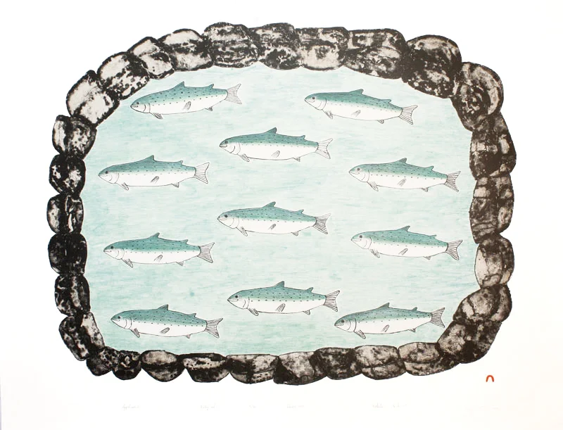 Kakulu Saggiaktok IQQALUQAUT (FISH POND) Lithograph 1995 57 x 75.1 cm $350.00 CDN Released in the 1995 collection Dorset ID#: 95-06
