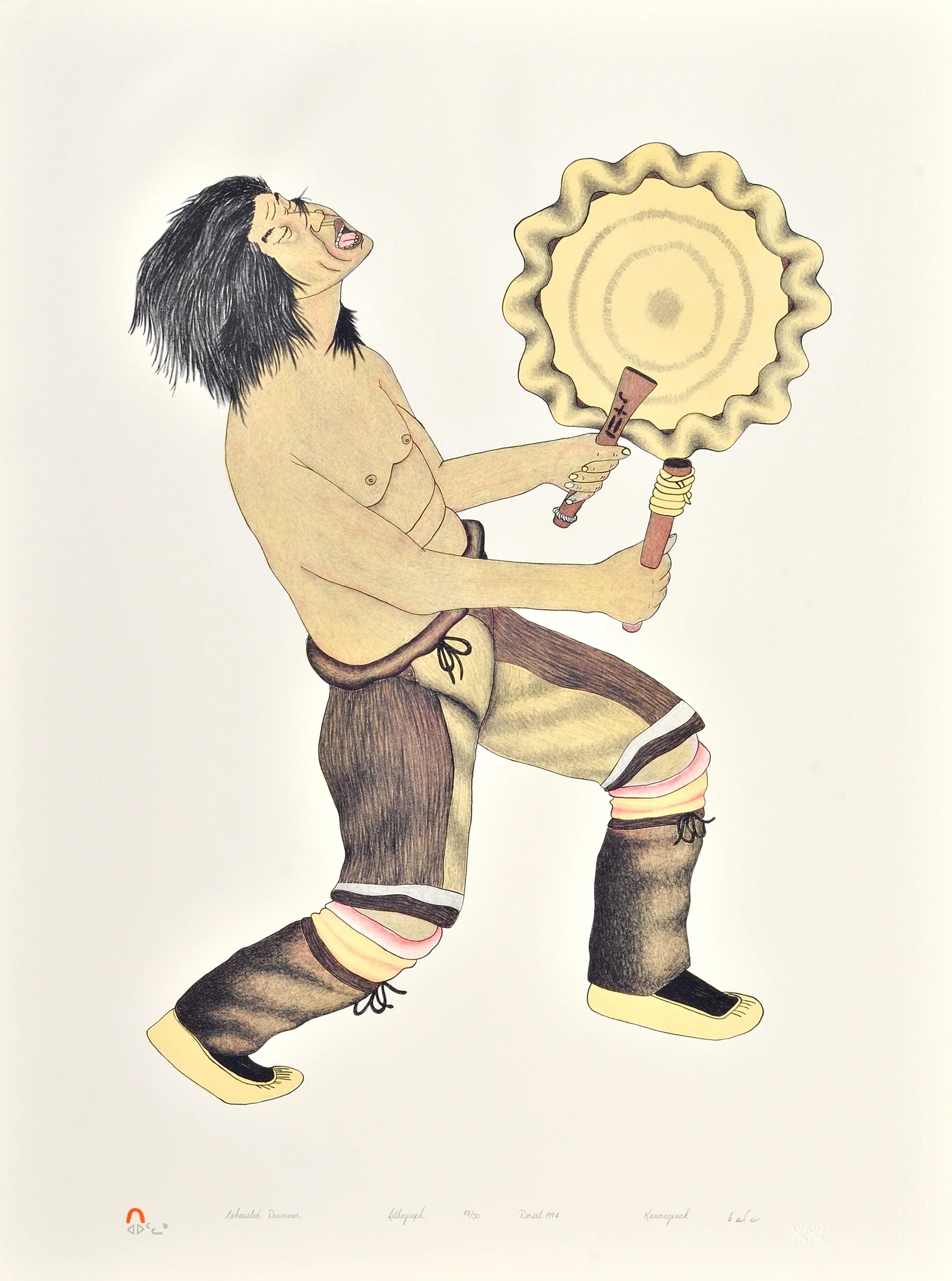 Kananginak Pootoogook EXHAUSTED DRUMMER Lithograph 1994 76.2 x 56.5 cm $400.00 CDN Released in the 1994 collection Dorset ID#: 94-07