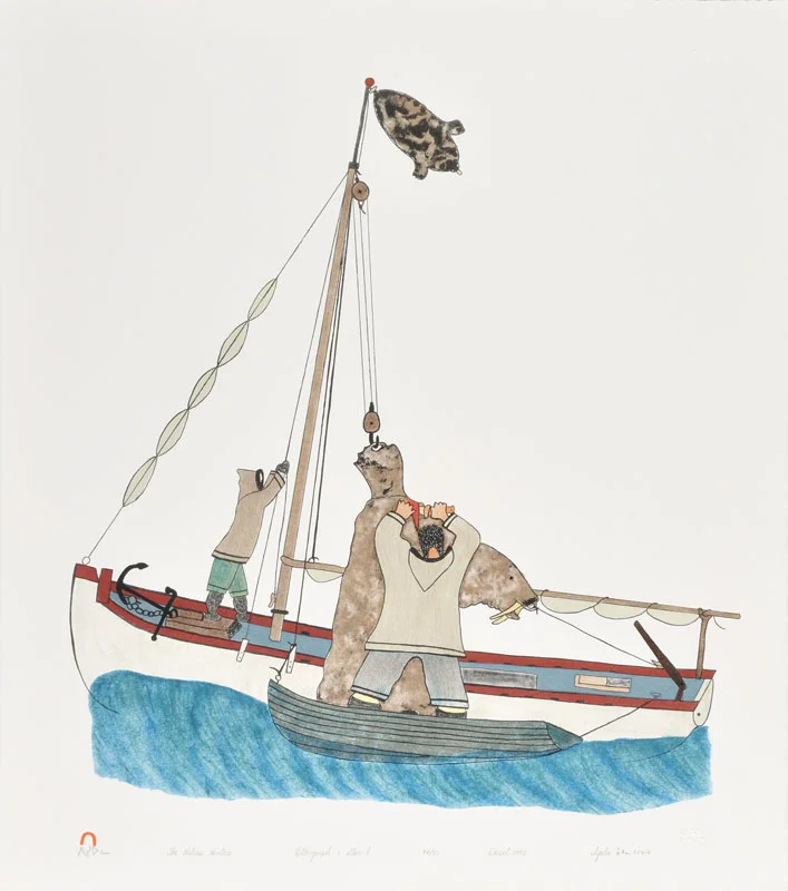 Iyola Kingwatsiak THE WALRUS HUNTERS Lithograph 1992 64.1 x 56.5 cm $300.00 CDN Released in the 1992 collection Dorset ID#: 92-05