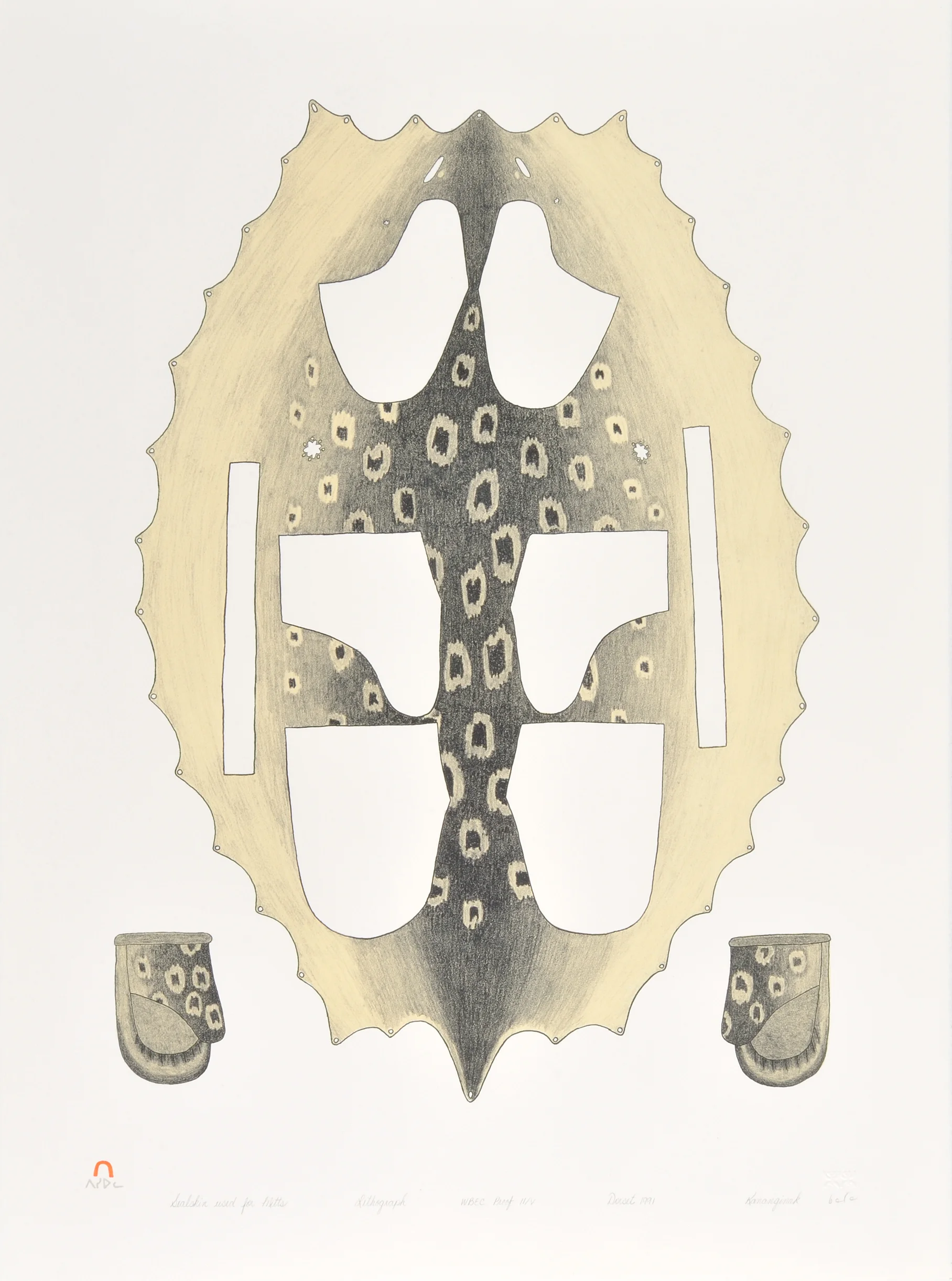 Kananginak Pootoogook SEALSKIN USED FOR MITTS Lithograph 1991 76 x 56 cm $350.00 CDN Released in the 1991 collection Dorset ID#: 91-07