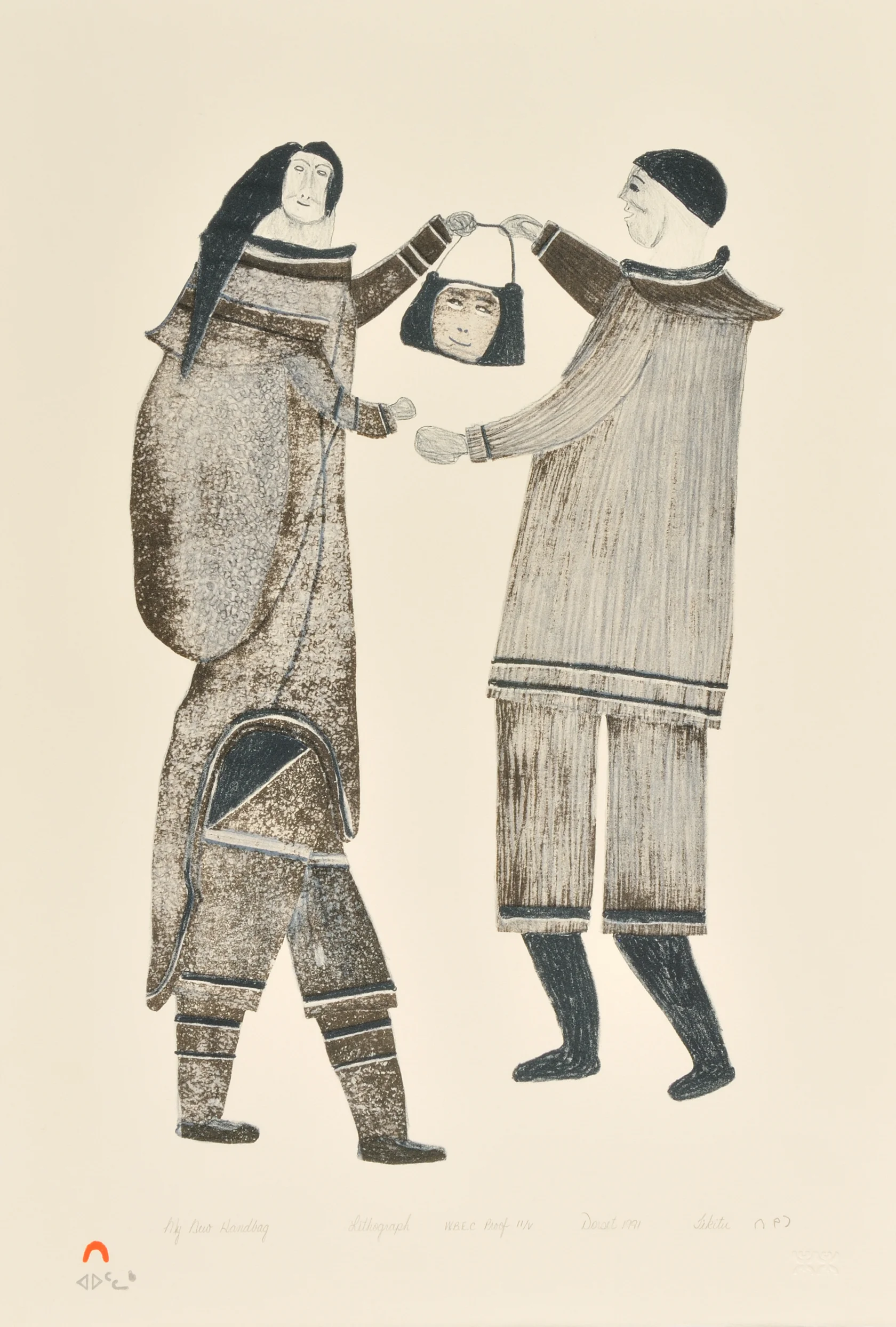 Tikitu Qinnuayuak MY NEW HANDBAG Lithograph 1991 56.7 x 38.1 cm $300.00 CDN Released in the 1991 collection Dorset ID#: 91-32