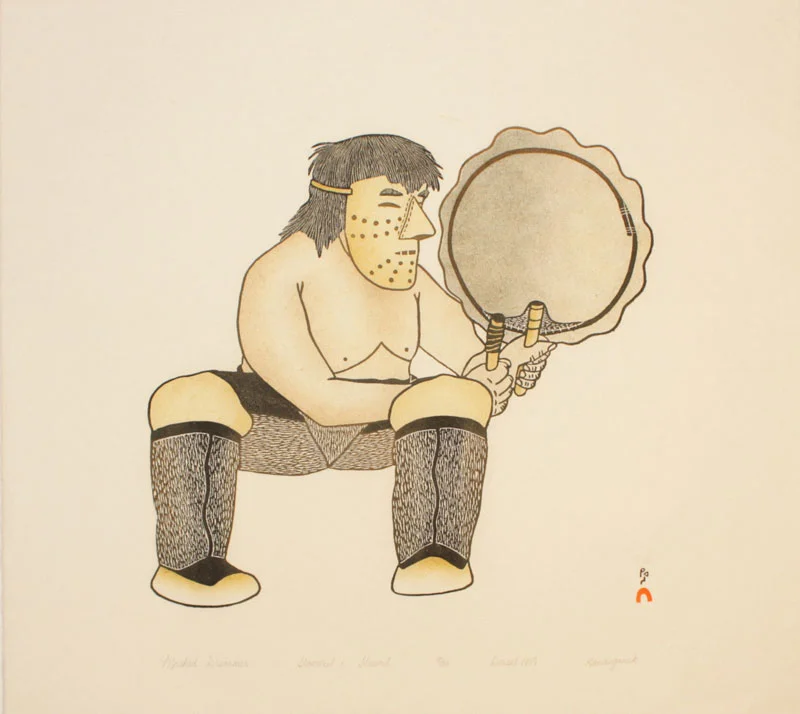 Kananginak Pootoogook MASKED DRUMMER Stonecut & Stencil 1989 46 x 52 cm $250.00 CDN Released in the 1989 collection Dorset ID#: 89-03