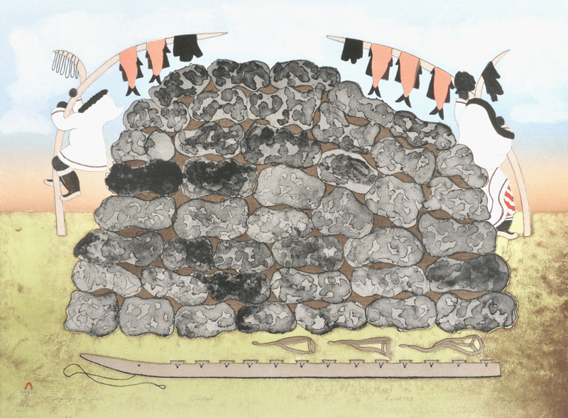 Mary Pudlat DRYING MEAT FOR WINTER Lithograph 1988 56.5 x 76 cm $450.00 CDN Released in the 1988 collection Dorset ID#: 88-23