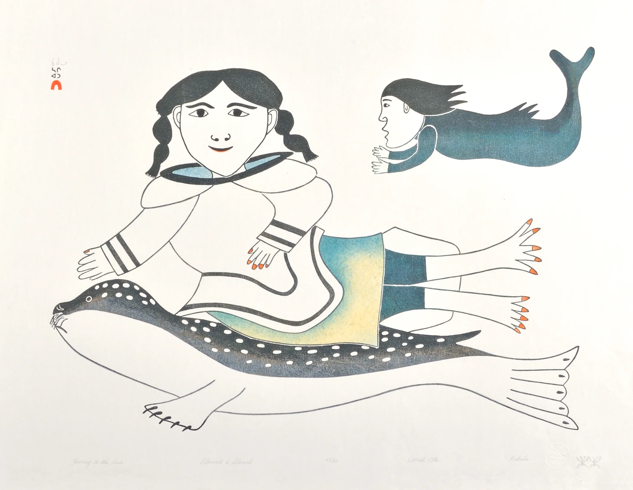 Kakulu Saggiaktok JOURNEY TO THE SEA Stonecut & Stencil 1986 54.7 x 71 cm $350.00 CDN Released in the 1986 collection Dorset ID#: 86-04