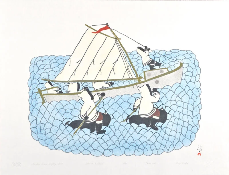 Mary Pudlat HUNTERS PURSUE DRIFTING BOAT Stonecut & Stencil 1986 55 x 70 cm $300.00 CDN Released in the 1986 collection Dorset ID#: 86-18