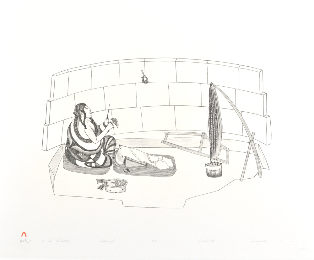 Kananginak Pootoogook AT THE WINDBREAK Lithograph 1985 56 x 69 cm $250.00 CDN Released in the 1985 collection Dorset ID#: 85-03